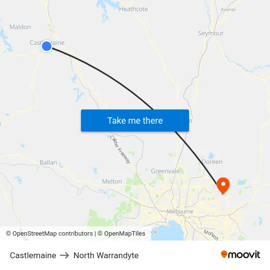 Castlemaine to North Warrandyte map