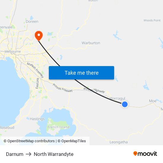 Darnum to North Warrandyte map