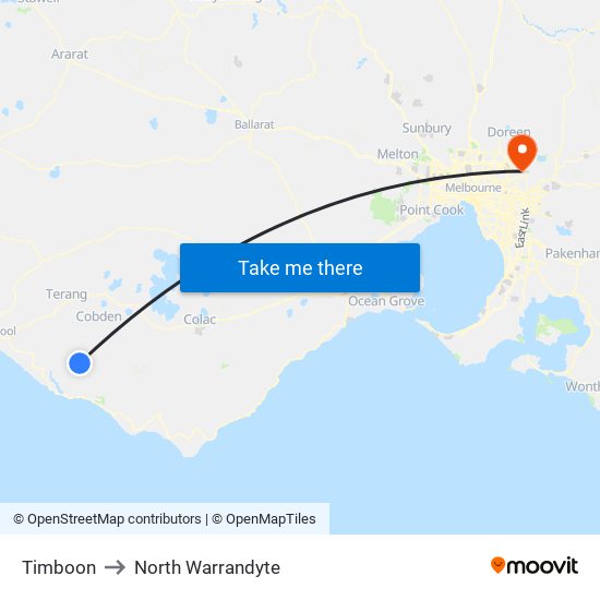 Timboon to North Warrandyte map
