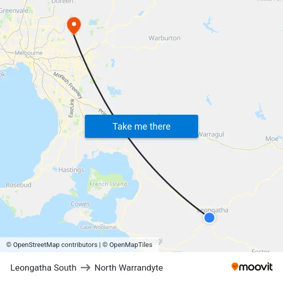 Leongatha South to North Warrandyte map