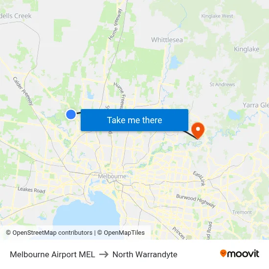 Melbourne Airport MEL to North Warrandyte map