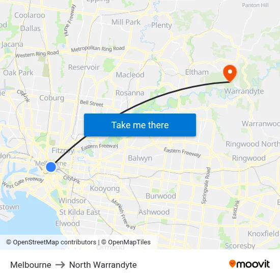 Melbourne to North Warrandyte map