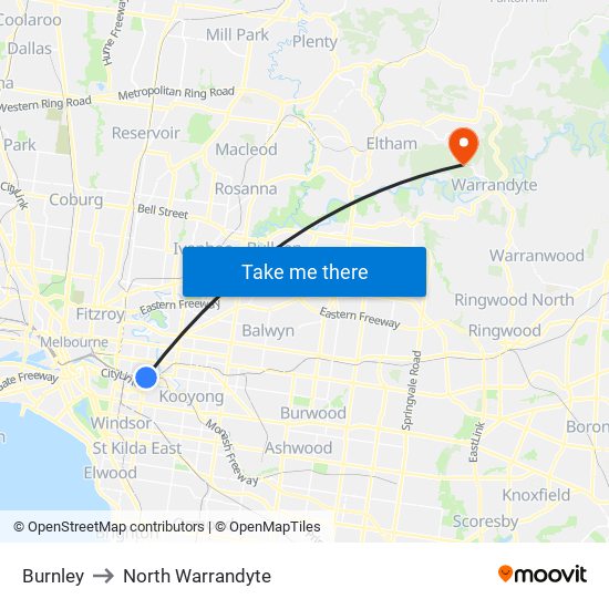 Burnley to North Warrandyte map