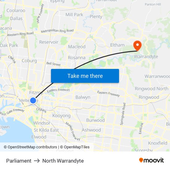 Parliament to North Warrandyte map