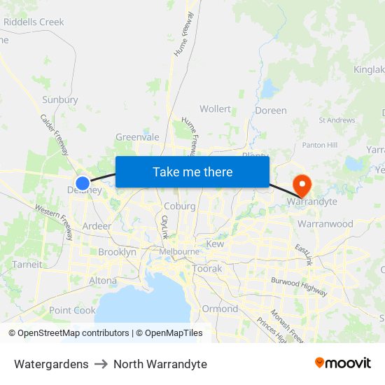 Watergardens to North Warrandyte map