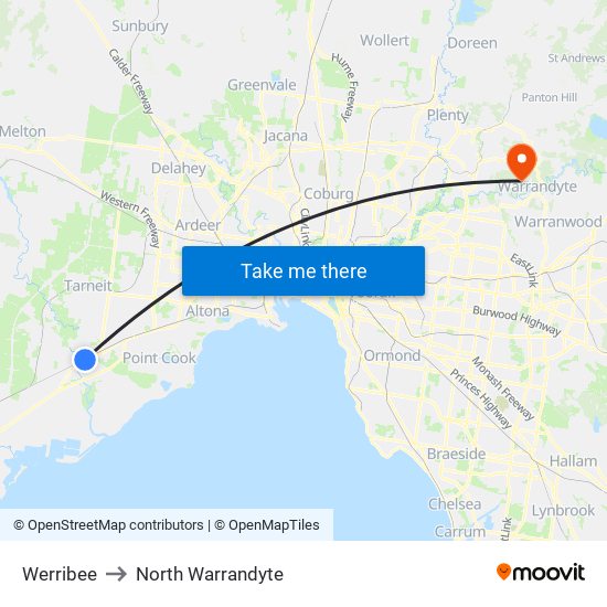 Werribee to North Warrandyte map