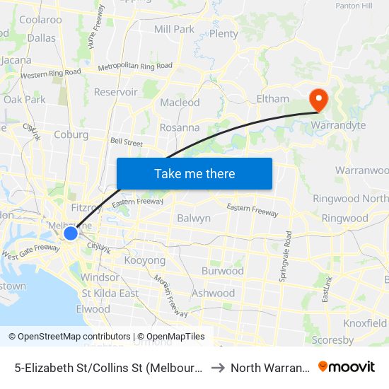 5-Elizabeth St/Collins St (Melbourne City) to North Warrandyte map