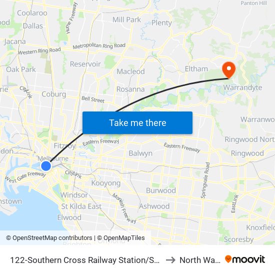 122-Southern Cross Railway Station/Spencer St (Melbourne City) to North Warrandyte map