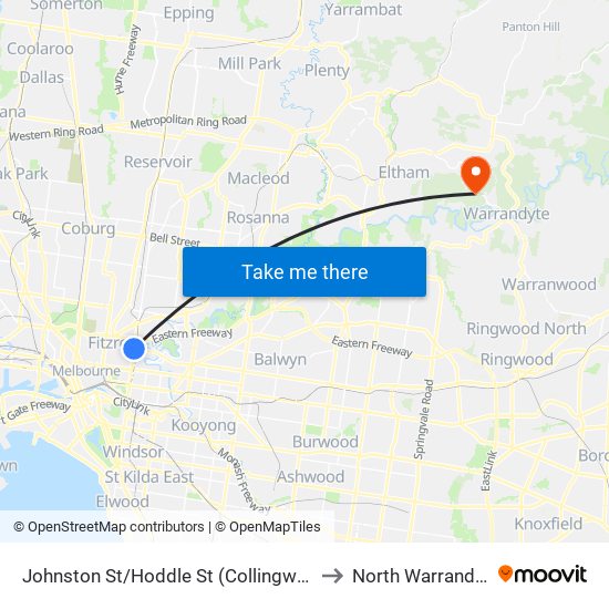 Johnston St/Hoddle St (Collingwood) to North Warrandyte map