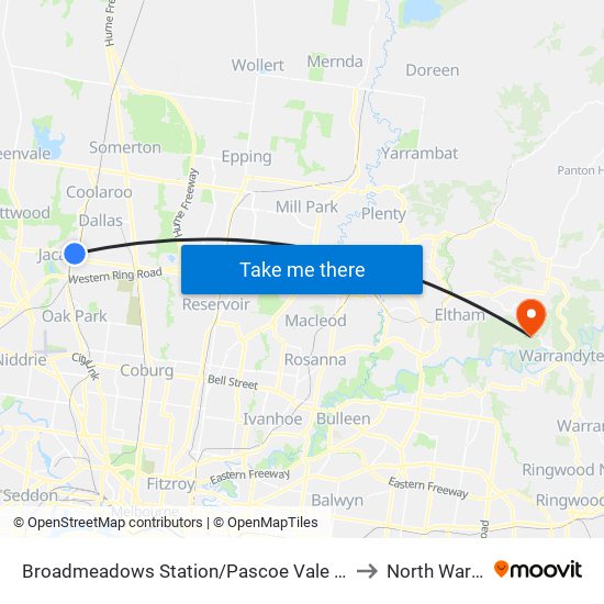 Broadmeadows Station/Pascoe Vale Rd (Broadmeadows) to North Warrandyte map