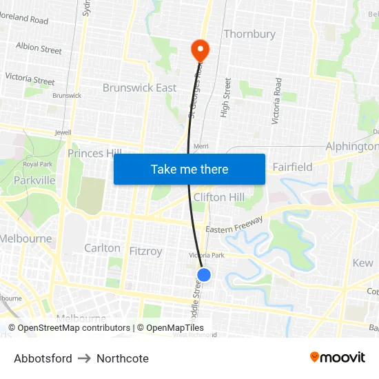Abbotsford to Northcote map
