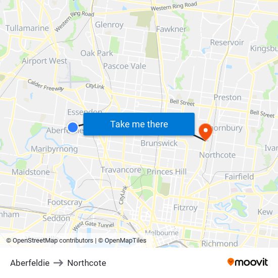 Aberfeldie to Northcote map