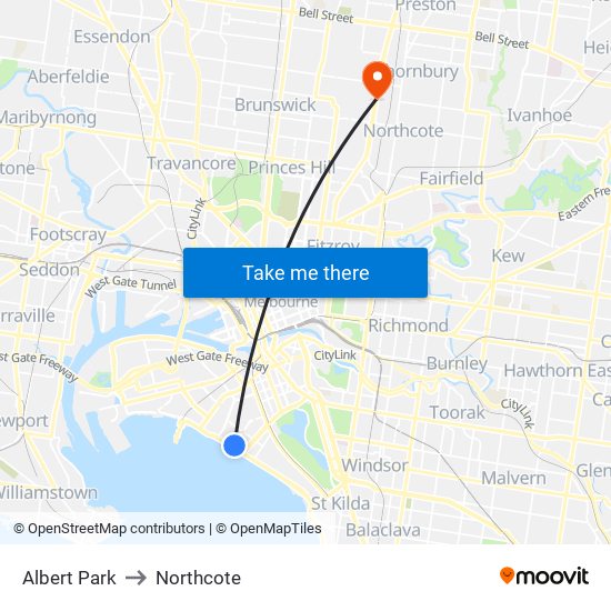 Albert Park to Northcote map