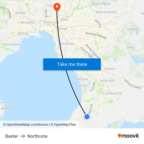 Baxter to Northcote map