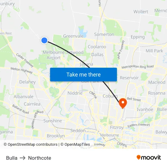 Bulla to Northcote map