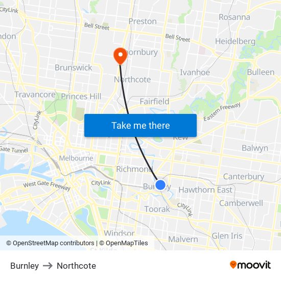 Burnley to Northcote map