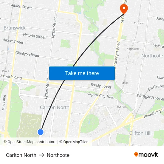 Carlton North to Northcote map