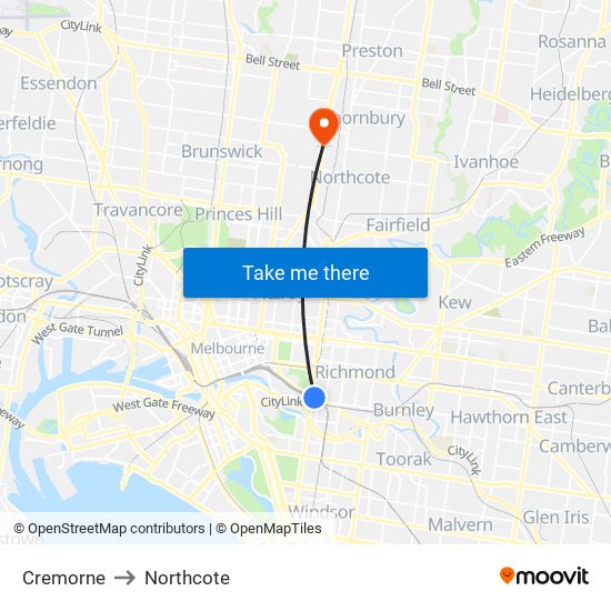 Cremorne to Northcote map