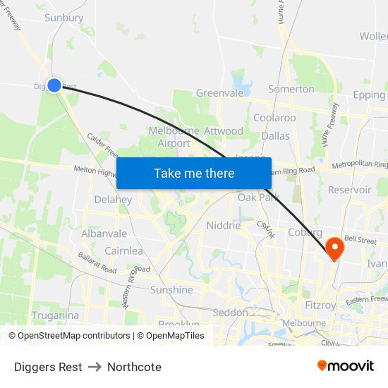 Diggers Rest to Northcote map