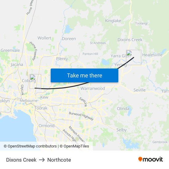 Dixons Creek to Northcote map