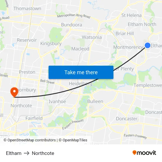 Eltham to Northcote map