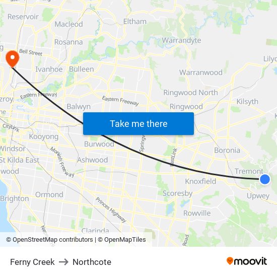 Ferny Creek to Northcote map