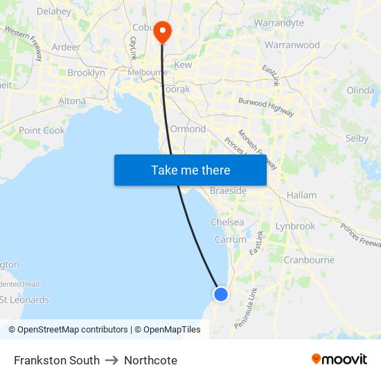 Frankston South to Northcote map