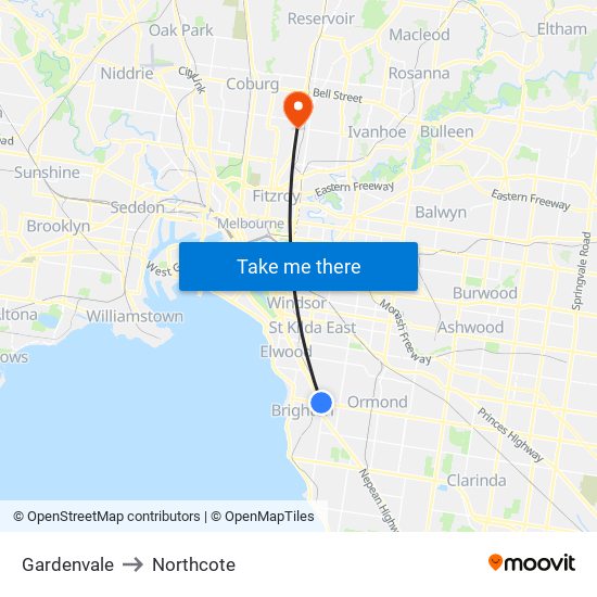 Gardenvale to Northcote map