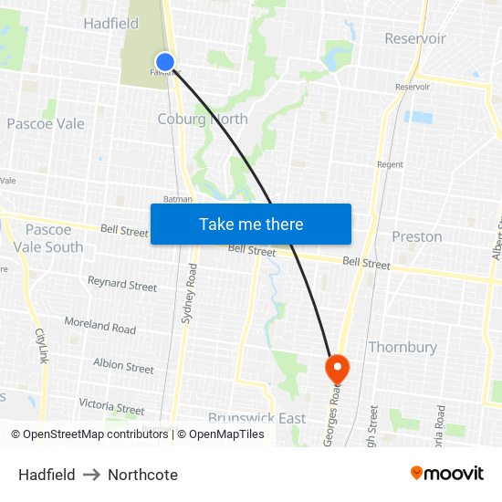 Hadfield to Northcote map