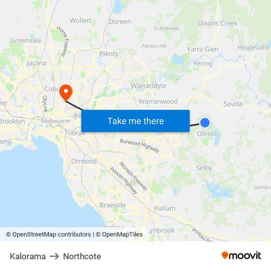 Kalorama to Northcote map