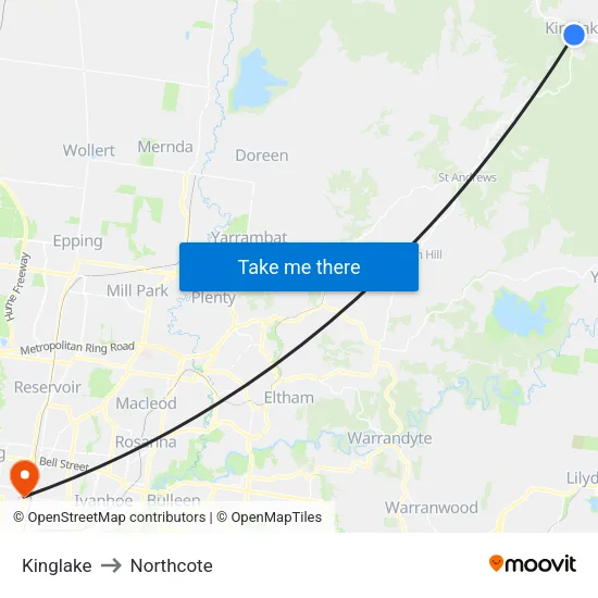 Kinglake to Northcote map