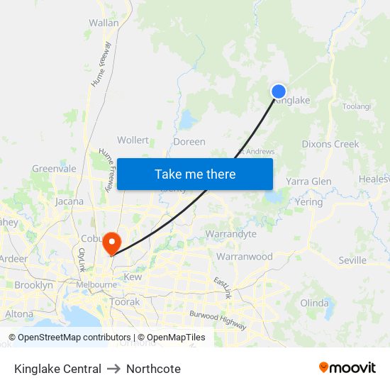 Kinglake Central to Northcote map