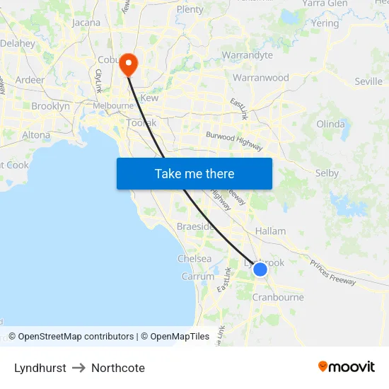 Lyndhurst to Northcote map