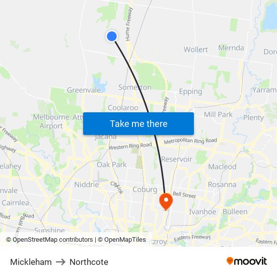 Mickleham to Northcote map