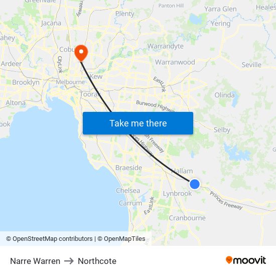 Narre Warren to Northcote map