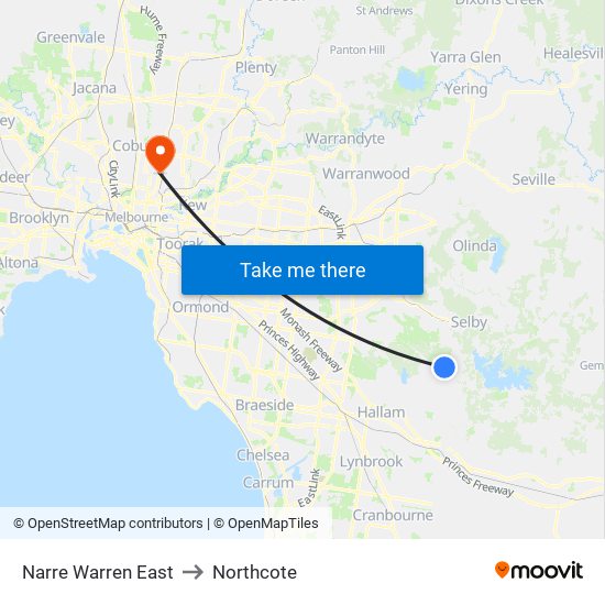 Narre Warren East to Northcote map