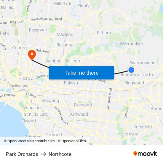 Park Orchards to Northcote map