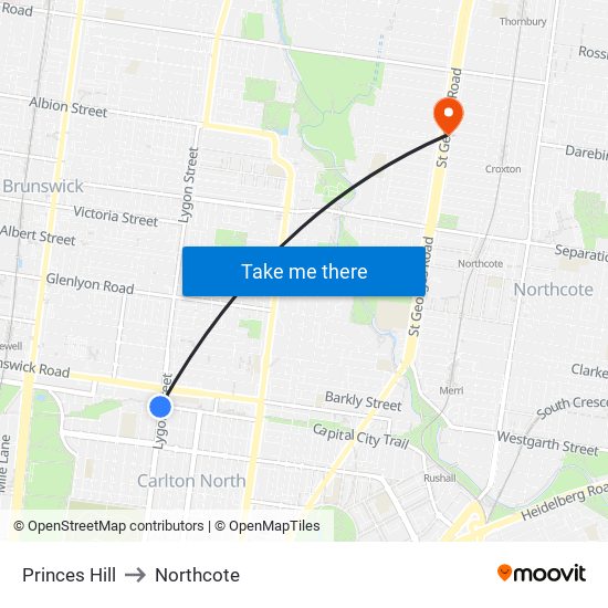 Princes Hill to Northcote map