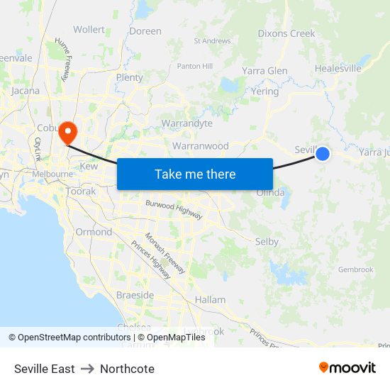 Seville East to Northcote map