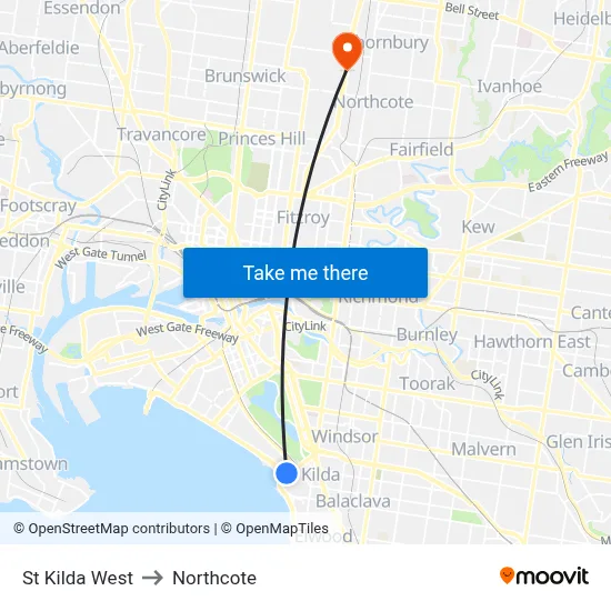 St Kilda West to Northcote map