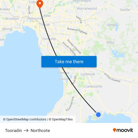 Tooradin to Northcote map