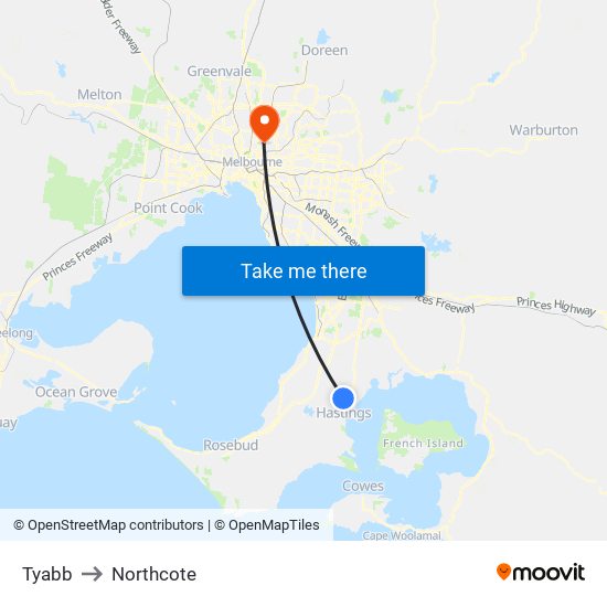 Tyabb to Northcote map