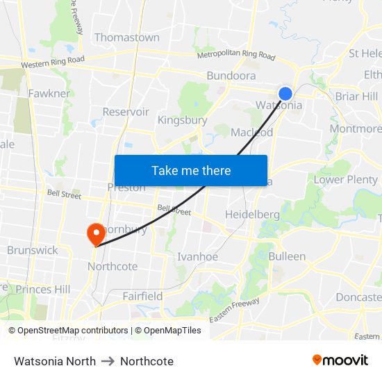 Watsonia North to Northcote map