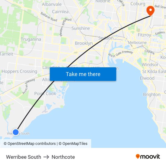 Werribee South to Northcote map