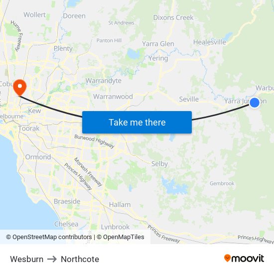 Wesburn to Northcote map