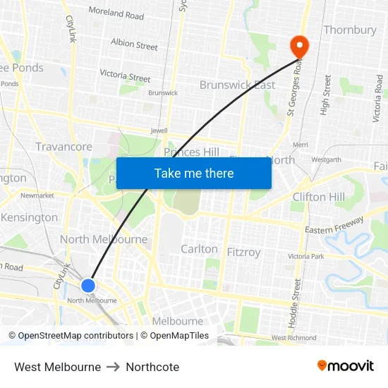 West Melbourne to Northcote map