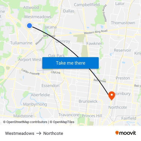 Westmeadows to Northcote map