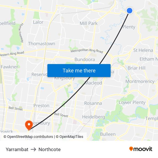 Yarrambat to Northcote map