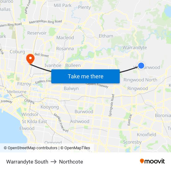 Warrandyte South to Northcote map