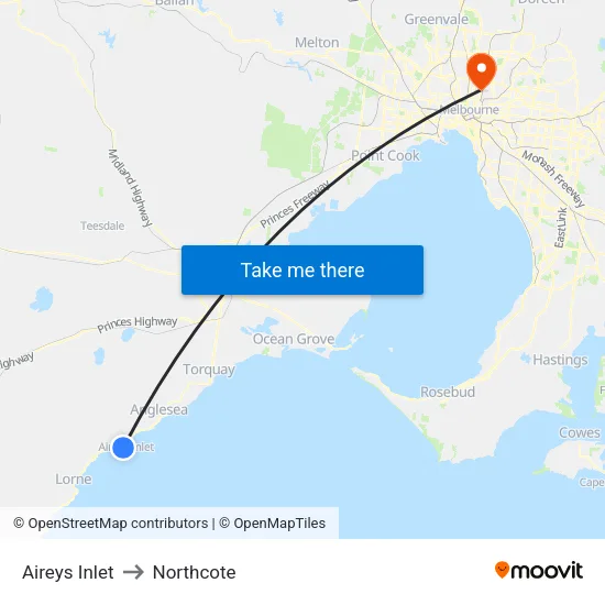 Aireys Inlet to Northcote map